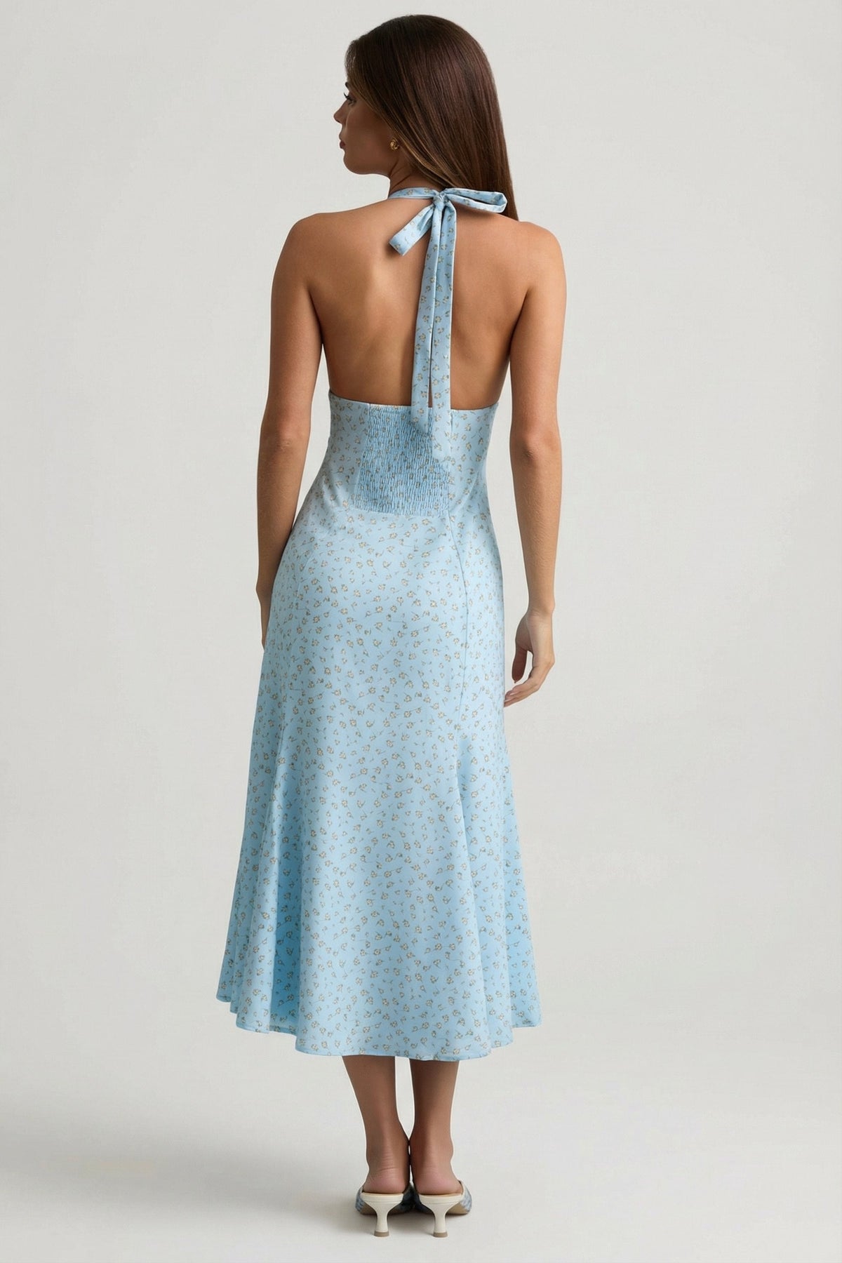 Chic Halterneck Midaxi Dress in Blue Flower Print
