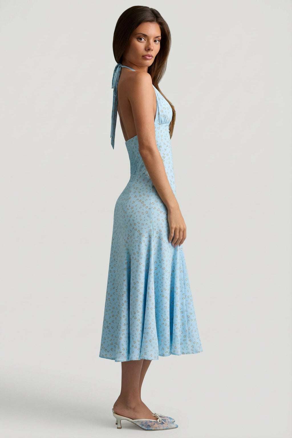 Chic Halterneck Midaxi Dress in Blue Flower Print