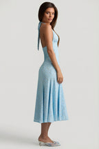 Chic Halterneck Midaxi Dress in Blue Flower Print