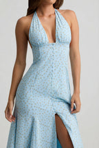 Chic Halterneck Midaxi Dress in Blue Flower Print