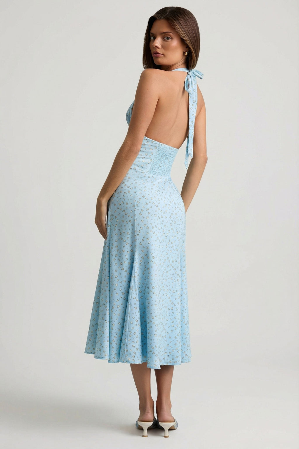 Chic Halterneck Midaxi Dress in Blue Flower Print