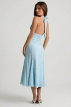 Chic Halterneck Midaxi Dress in Blue Flower Print