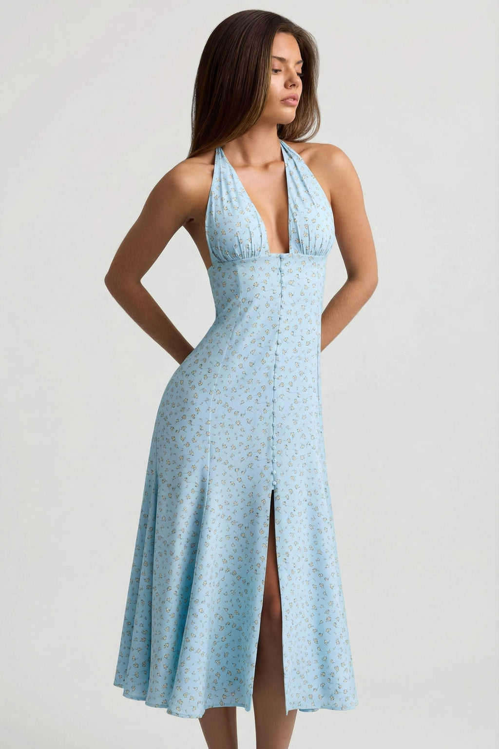 Chic Halterneck Midaxi Dress in Blue Flower Print