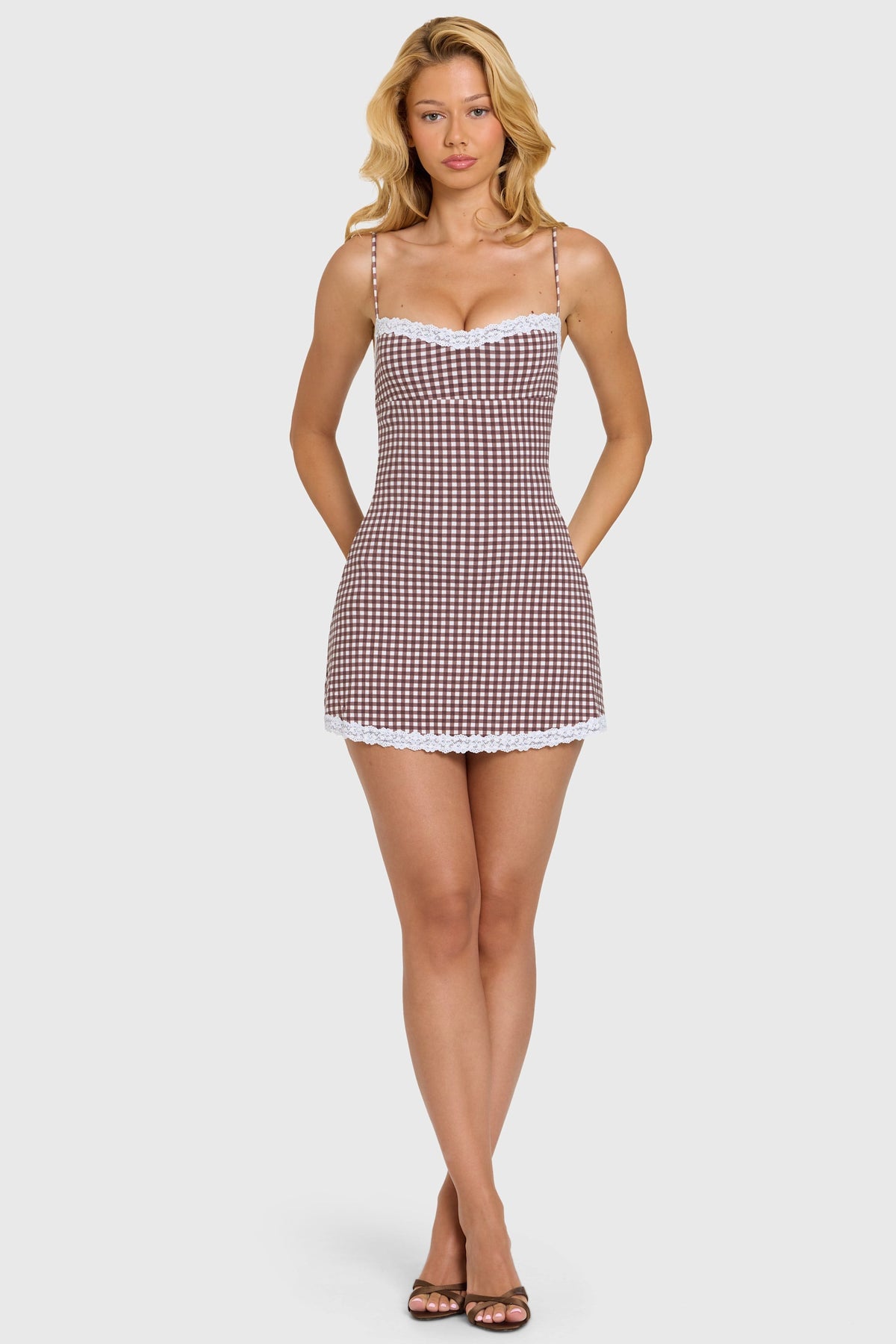 Chic Modal Lace-Trim Mini Dress in Brown Gingham