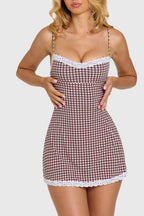 Chic Modal Lace-Trim Mini Dress in Brown Gingham