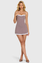 Chic Modal Lace-Trim Mini Dress in Brown Gingham