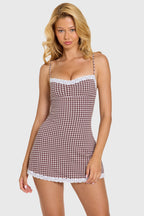 Chic Modal Lace-Trim Mini Dress in Brown Gingham