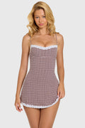 Chic Modal Lace-Trim Mini Dress in Brown Gingham