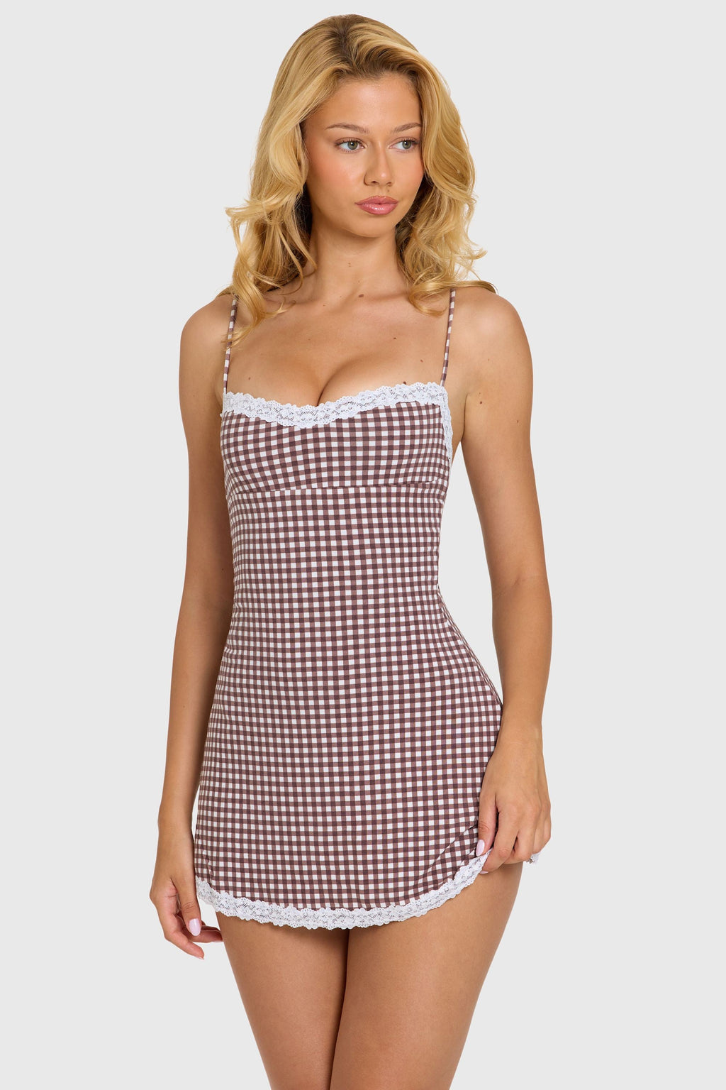 Chic Modal Lace-Trim Mini Dress in Brown Gingham
