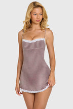 Chic Modal Lace-Trim Mini Dress in Brown Gingham