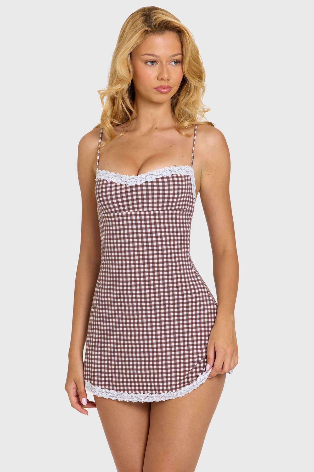 Chic Modal Lace-Trim Mini Dress in Brown Gingham