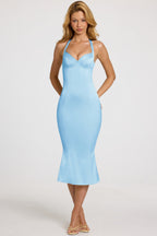 Chic Satin Sweetheart Bustier Fishtail Midaxi Dress in Powder Blue