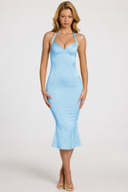 Chic Satin Sweetheart Bustier Fishtail Midaxi Dress in Powder Blue
