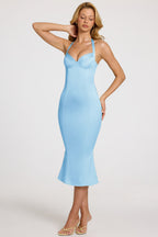Chic Satin Sweetheart Bustier Fishtail Midaxi Dress in Powder Blue
