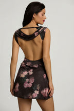Chic Draped Open-Back A-Line Mini Dress in Black Floral Print
