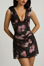 Chic Draped Open-Back A-Line Mini Dress in Black Floral Print