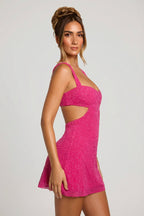 Chic Embellished Cut Out Mini Dress in Fuschia