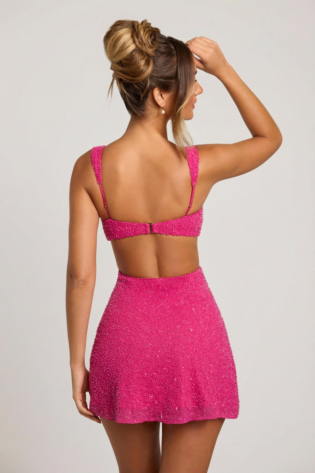 Chic Embellished Cut Out Mini Dress in Fuschia