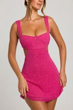 Chic Embellished Cut Out Mini Dress in Fuschia