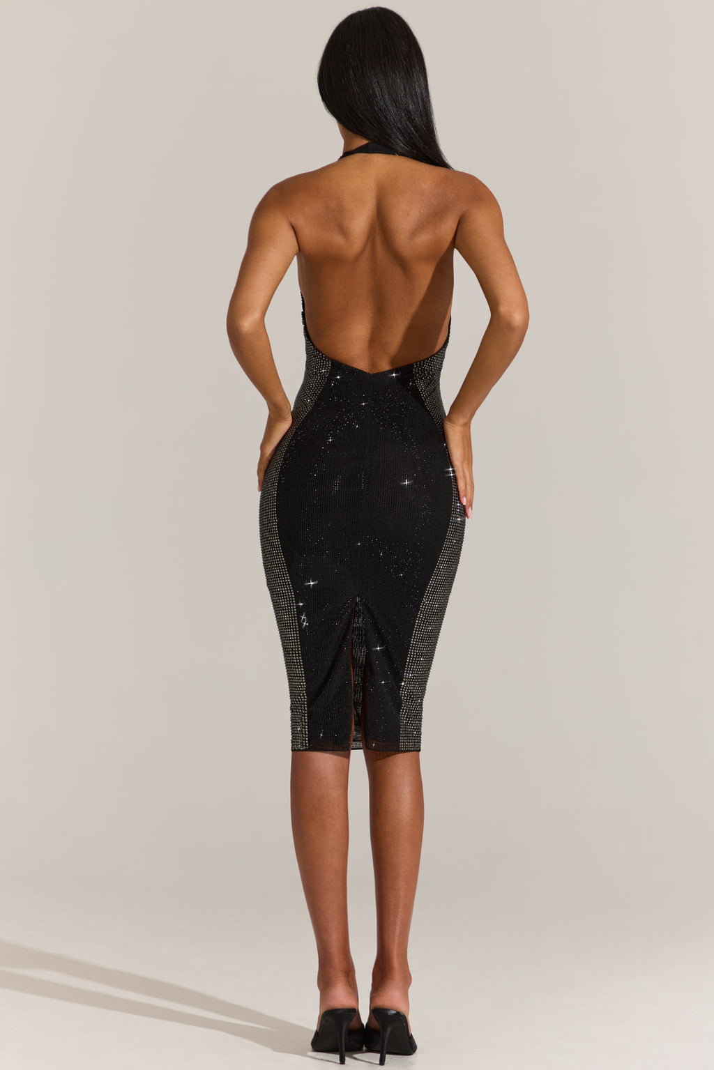 Chic Embellished Plunge Halterneck Midi Dress in Black