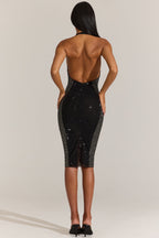 Chic Embellished Plunge Halterneck Midi Dress in Black