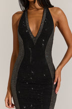 Chic Embellished Plunge Halterneck Midi Dress in Black