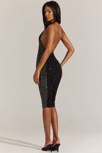 Chic Embellished Plunge Halterneck Midi Dress in Black