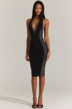 Chic Embellished Plunge Halterneck Midi Dress in Black