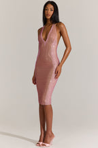 Chic Embellished Plunge Halterneck Midi Dress in Blossom Pink