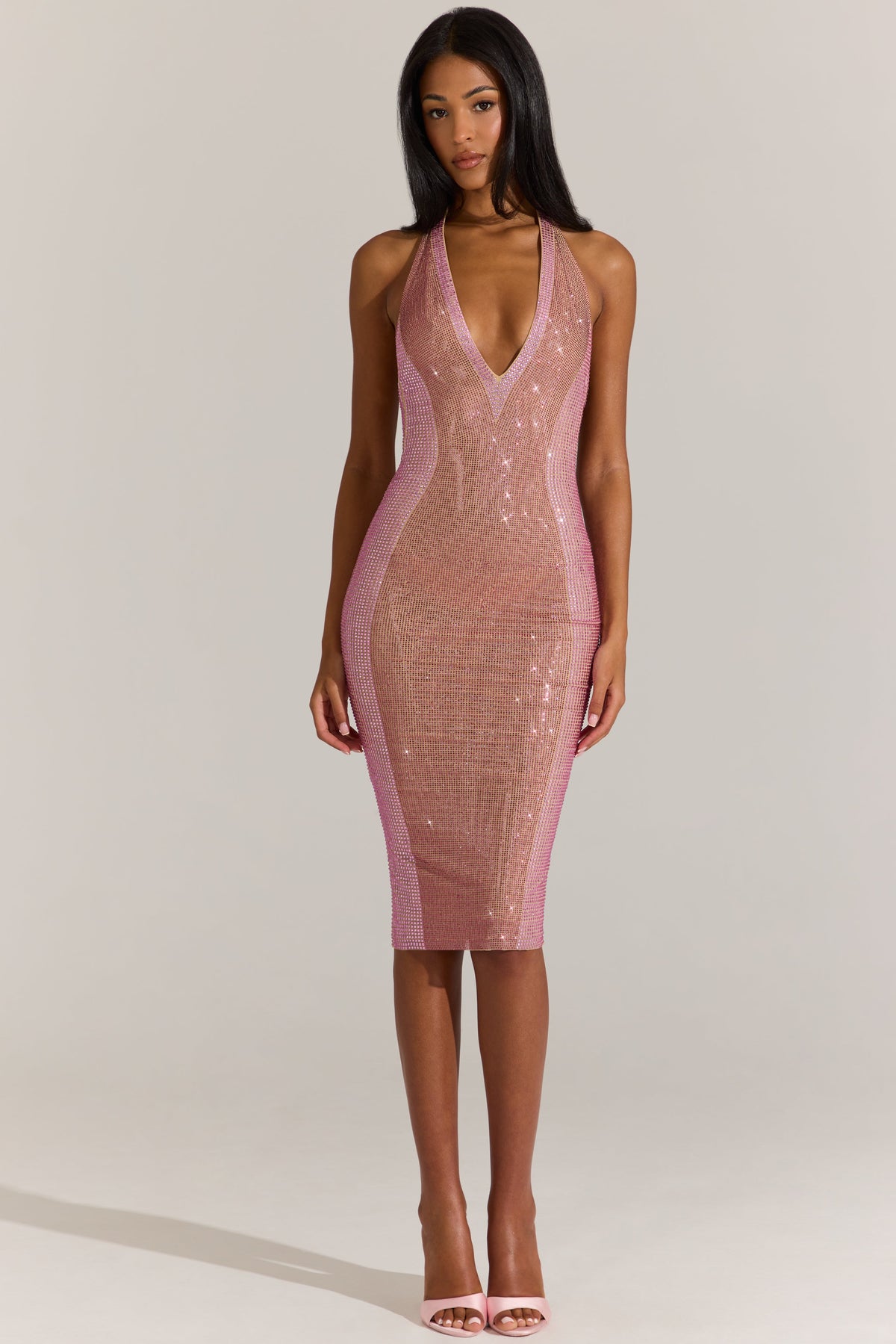 Chic Embellished Plunge Halterneck Midi Dress in Blossom Pink