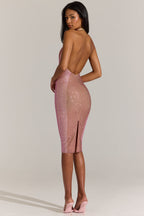 Chic Embellished Plunge Halterneck Midi Dress in Blossom Pink