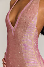 Chic Embellished Plunge Halterneck Midi Dress in Blossom Pink