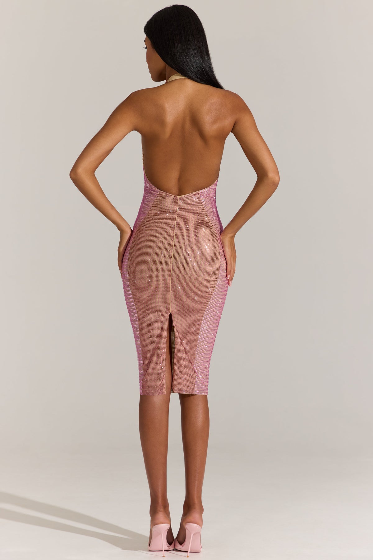 Chic Embellished Plunge Halterneck Midi Dress in Blossom Pink