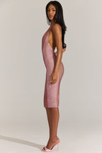 Chic Embellished Plunge Halterneck Midi Dress in Blossom Pink
