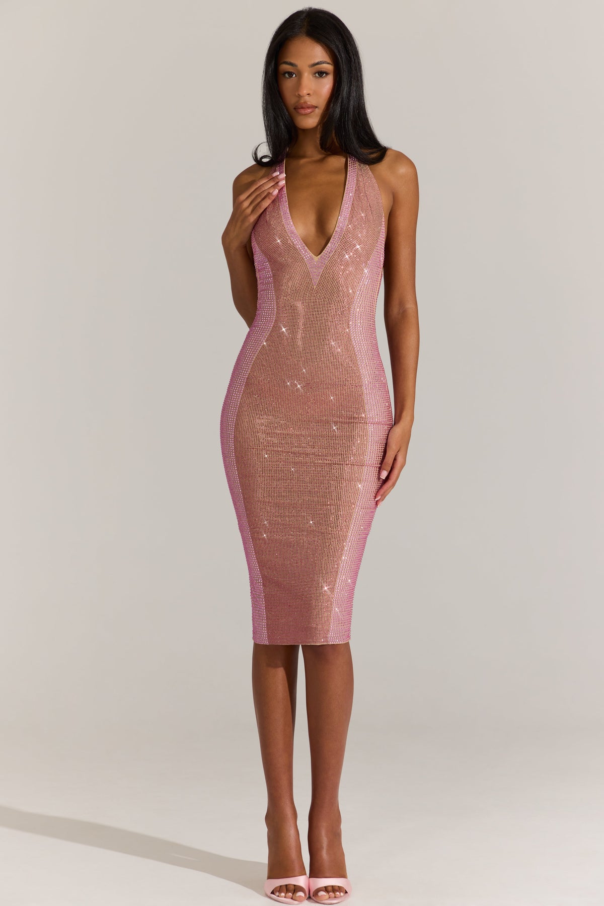 Chic Embellished Plunge Halterneck Midi Dress in Blossom Pink
