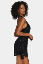 Chic Embellished Draped Corset A-Line Mini Dress in Black