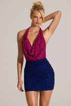 Chic Embellished Plunge Cowl Neck Mini Dress in Cobalt Leopard
