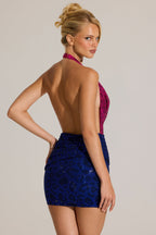 Chic Embellished Plunge Cowl Neck Mini Dress in Cobalt Leopard