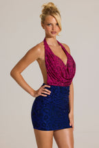 Chic Embellished Plunge Cowl Neck Mini Dress in Cobalt Leopard