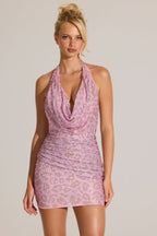 Chic Embellished Plunge Cowl Neck Mini Dress in Pink Leopard