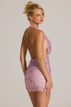 Chic Embellished Plunge Cowl Neck Mini Dress in Pink Leopard