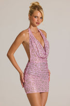 Chic Embellished Plunge Cowl Neck Mini Dress in Pink Leopard