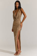 Chic Embellished Plunge Cowl Neck Maxi Dress in Gold Leopard