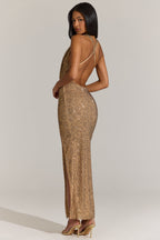 Chic Embellished Plunge Cowl Neck Maxi Dress in Gold Leopard