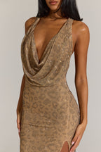 Chic Embellished Plunge Cowl Neck Maxi Dress in Gold Leopard