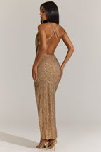 Chic Embellished Plunge Cowl Neck Maxi Dress in Gold Leopard