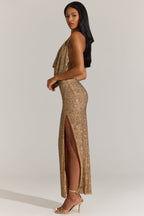 Chic Embellished Plunge Cowl Neck Maxi Dress in Gold Leopard