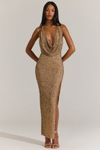 Chic Embellished Plunge Cowl Neck Maxi Dress in Gold Leopard