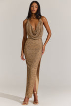 Chic Embellished Plunge Cowl Neck Maxi Dress in Gold Leopard