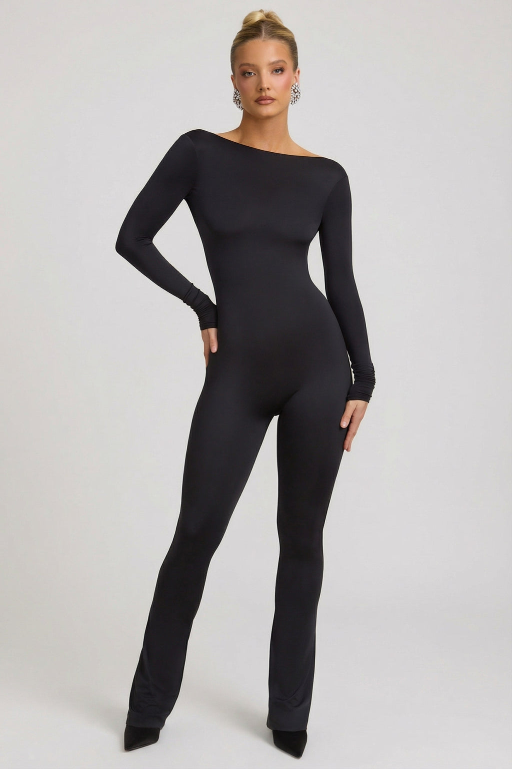 Chic Slinky Jersey Bow-Detail Jumpsuit in Black